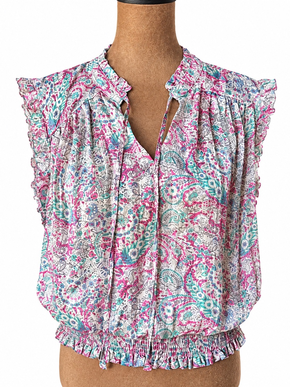 Paisley Ruffle Sleeveless Blouse - Pink Teal Silver Medium